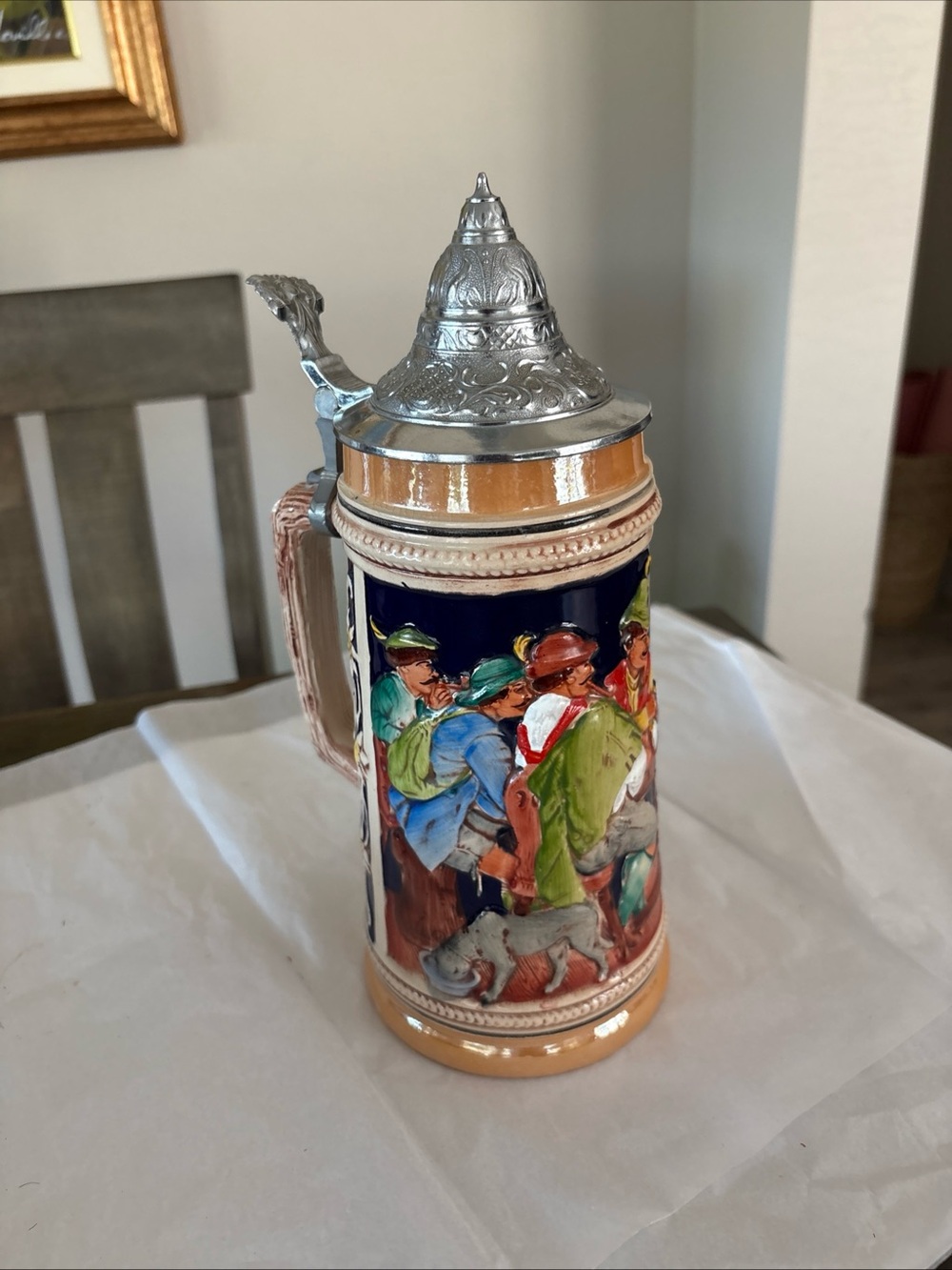 German Stoneware Beer Stein Pewter Lid Raised Couples Drinking Beer & Castle
